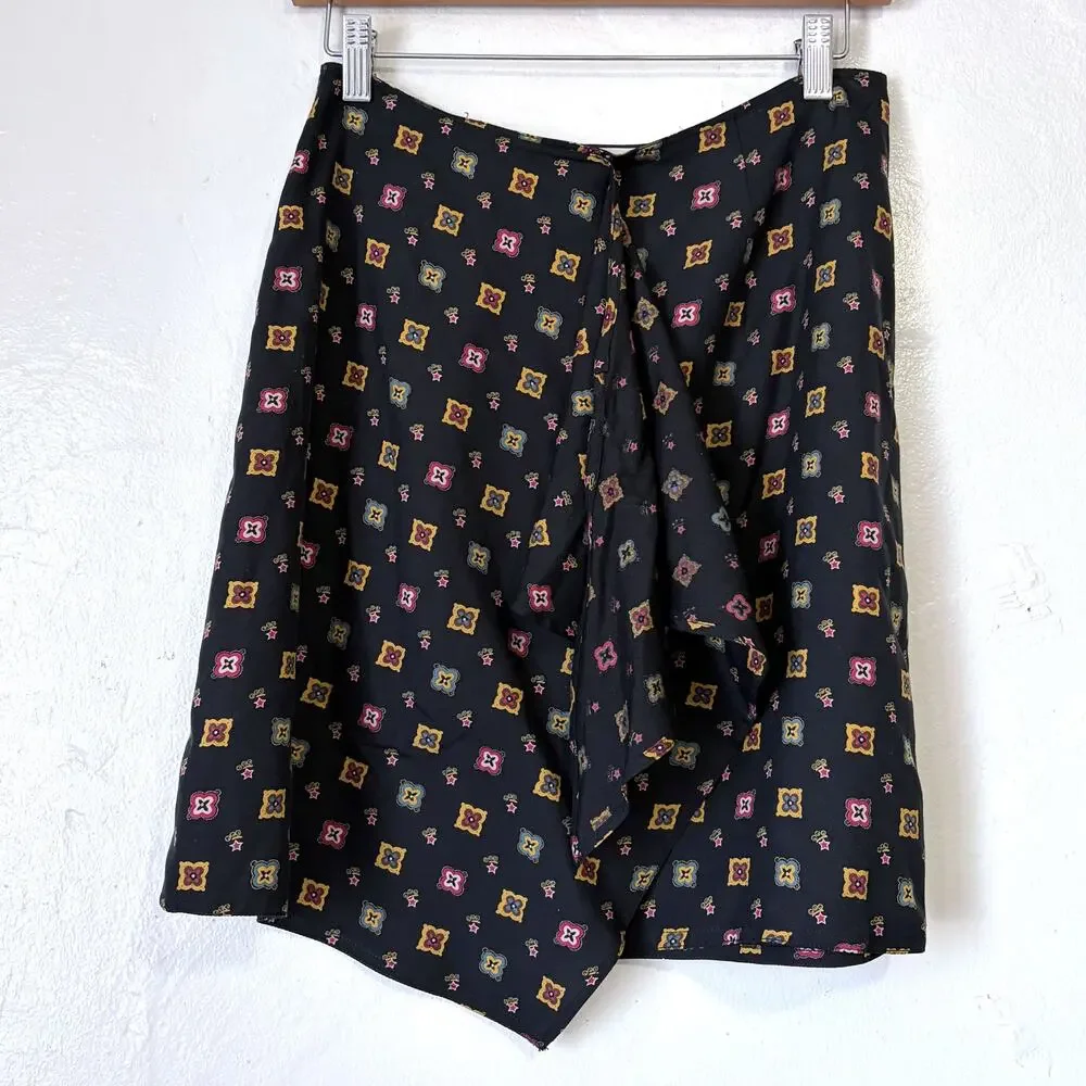 Vintage Evan Picone NWOT 100% Silk Geometric Print Wrap Skirt Black Size 8